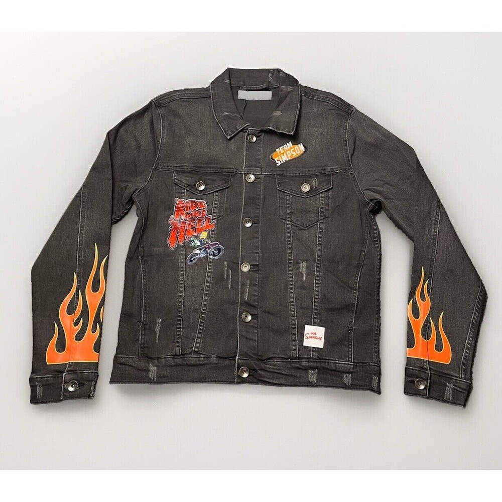 The Simpsons Bart Ride Like Hell Mens Medium Black Denim Patch Jacket NWT $108